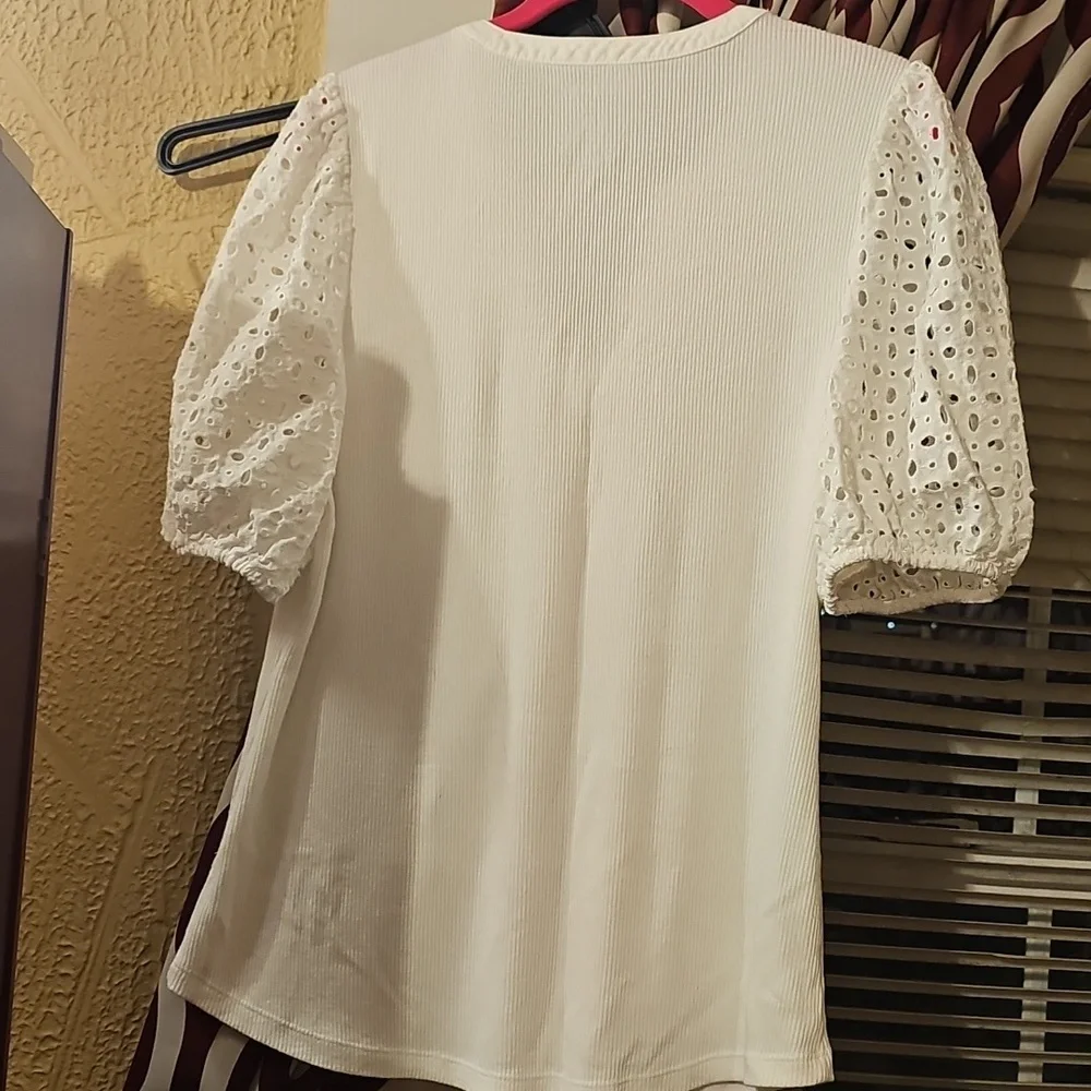 Nine West White Puff Sleeve Ruffled Blouse - Picture 6 of 8